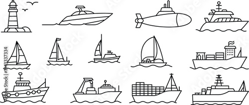 A black and white illustration of various types of boats and ships