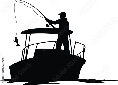 A black and white silhouette illustration of a person fishing from a boat on the water