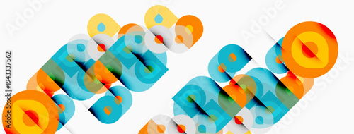 Abstract geometric shapes overlap, creating vibrant colorful patterns. Circles, rectangles, transparency define design elements.