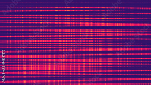 Abstract vector graphic illustration featuring vibrant horizontal pink and orange scan lines overlaid on a dark purple background creating a dynamic digital noise effect