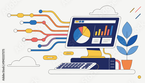 Computer monitor displaying complex financial charts and intricate data streams illustrating sophisticated business intelligence analytics processing information flow.