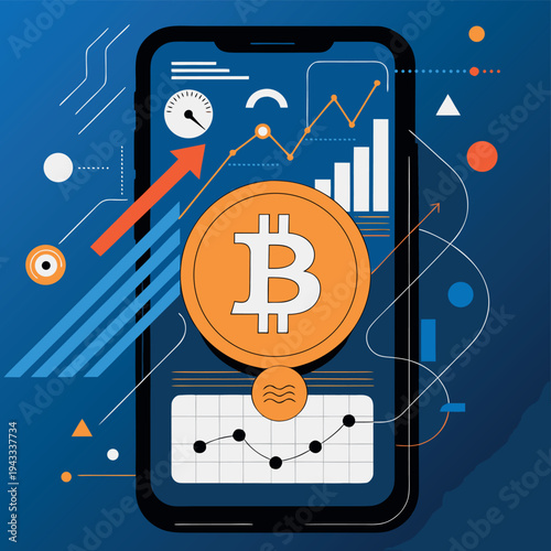 Bitcoin Cryptocurrency Trading on Mobile Smartphone with Financial Growth Chart and Blockchain Technology Concept