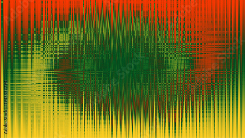 Abstract vector graphic illustration featuring intense vertical distortion and vibrant color displacement with shades of red orange green and yellow