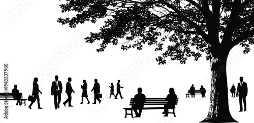 City park silhouette with people walking and sitting on benches under large tree, urban nature scene vector illustration