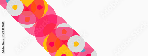 Abstract composition featuring overlapping circles. Pink, yellow, orange hues dominate white background. Modern, simple design.