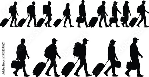 Black silhouette collection of travelers walking with suitcases, people carrying backpacks, tourists with luggage, and passengers isolated on white background