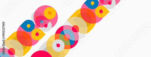 Abstract colorful overlapping circles create dynamic pattern. Bright hues blend, forming playful visual texture. Simple shapes dominate composition.