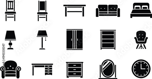 Furniture household icons collection with chair sofa bed table wardrobe lamp desk mirror
