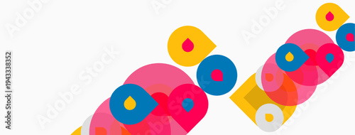 Abstract colorful circles overlap, creating dynamic visual pattern. Bright hues dominate white background. Simple geometric shapes present.