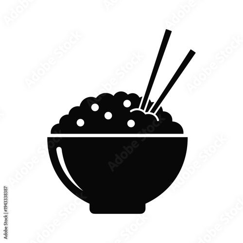 Black Silhouette of Rice Bowl with Chopsticks - Icon for Asian Cuisine