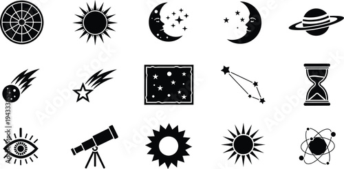 Cosmic space icons set with sun moon stars telescope hourglass planets symbols