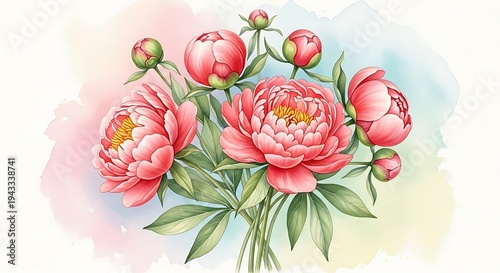 Watercolor bouquet of coral peonies with green leaves and buds, against a pastel background