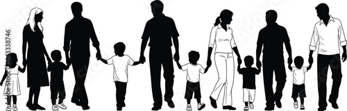 Family silhouettes holding hands walking together, parents with children unity love parenting concept vector illustration isolated design