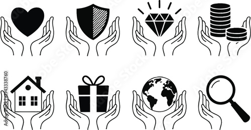 Hands Holding Heart, Shield, Diamond and Coins, House, Gift, Globe, Magnifying Glass Icons