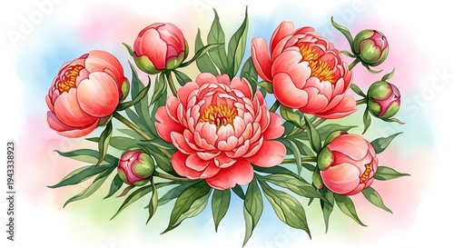 Watercolor painting of blooming coral peonies and buds with green leaves on a pastel background