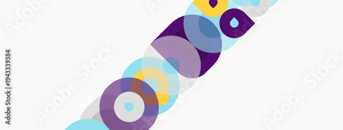 Abstract colorful circles overlap, creating dynamic visual composition. Modern design, simple shapes, bright hues present.