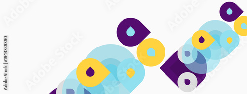 Abstract circles overlap, creating layered visual effect. Purple, yellow, blue tones dominate composition. Minimalist design.