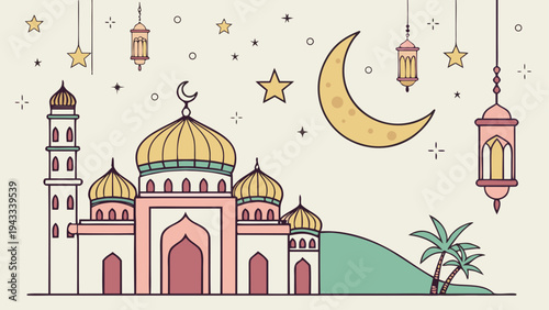 Vector illustration of a mosque with lanterns and stars