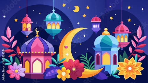 Vector illustration of colorful mosque, crescent moon, and lanterns for Ramadan