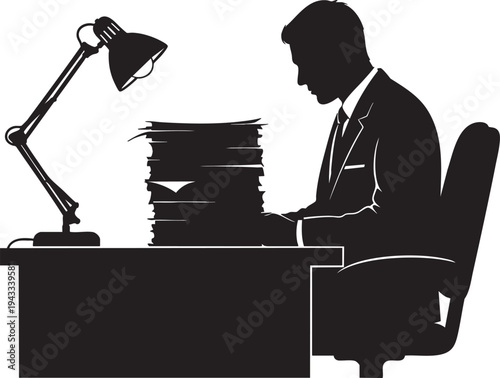 Dedicated professional diligently managing extensive paperwork and late hours at office desk under focused lamplight