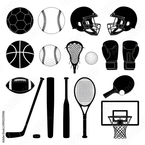 Black and white icons of various sports equipment and accessories