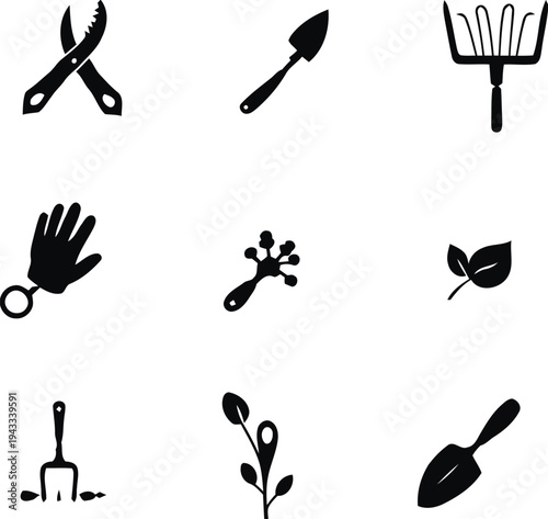 Gardening tools set silhouette icons, vector collection of garden implements for cultivation and planting, pruners, trowel, rake, gloves, cultivator and small plant