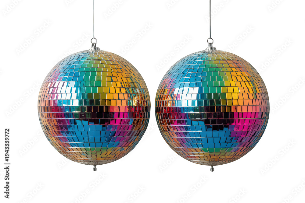 Obraz premium Two colorful mirror disco balls reflecting vibrant lights, hanging and creating a festive party atmosphere with transparent background