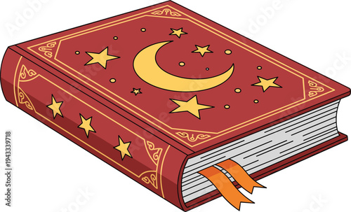 Magic spell book with moon and stars illustration, fantasy wizard grimoire vector isolated mystical story design element