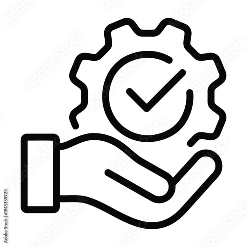 Hand holding gear with check mark symbol representing successful operation maintenance and quality control in business processes, concept vector