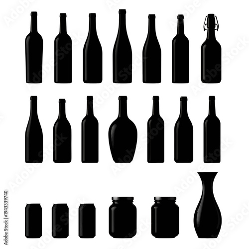 Assorted black silhouette bottles and jars in a variety of shapes and sizes