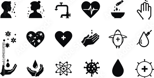 Healthcare and medical icons in silhouette, representing health awareness, hygiene, and scientific concepts, visual symbols for wellness and prevention