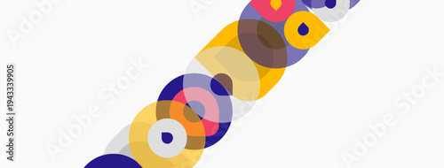 Abstract colorful circles overlap diagonally across white background. Modern design, vibrant hues create dynamic visual effect.