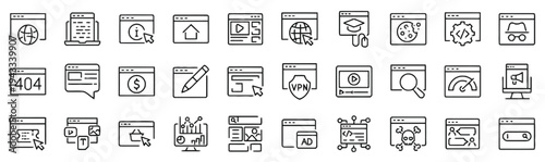 Internet browser interface icon set featuring web navigation tools search engine optimization digital connectivity symbols cybersecurity elements online advertising and website management graphics