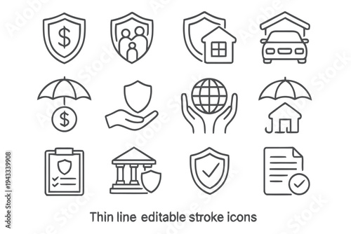 Insurance protection icons set. Shield dollar family house car globe hands document certificate. Safety security and financial coverage for life property auto and business risks illustrated.