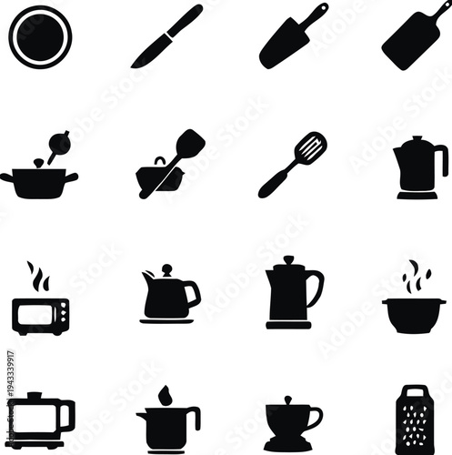 Kitchen and cooking utensil icons showcasing pots pans spatulas kettles microwave grater and other culinary tools for food preparation
