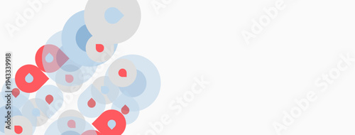 Abstract circles overlap, creating layered visual effect. Red, blue hues dominate white background. Minimalist design.