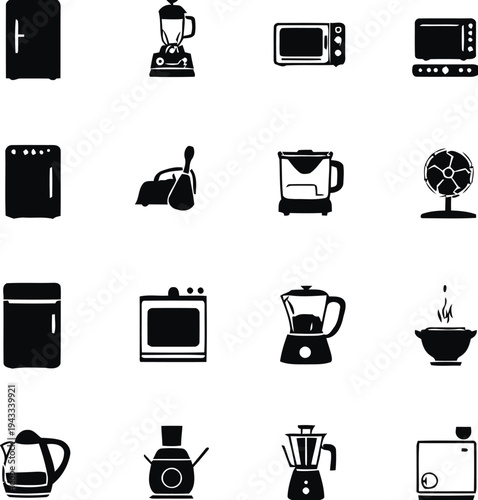 Kitchen appliance icons with refrigerator, blender, microwave, oven, fan, kettle, and food processor for home cooking and culinary tasks