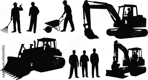 Construction Workers Operating Heavy Machinery Silhouettes