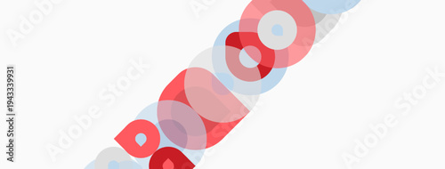 Abstract design features overlapping circles, red, light blue hues. Minimalist composition, simple shapes create visual interest. Modern aesthetic.