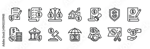 Legal and financial document icons depicting contracts, justice, insurance, and financial agreements with dollar signs and seals in a blue color scheme