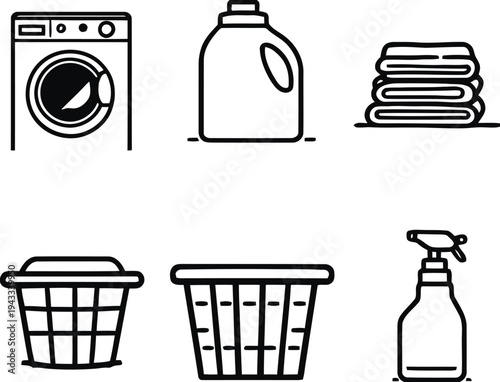 Laundry room icons including washing machine, detergent bottle, folded towels, laundry baskets, and spray bottle for cleaning and household chores