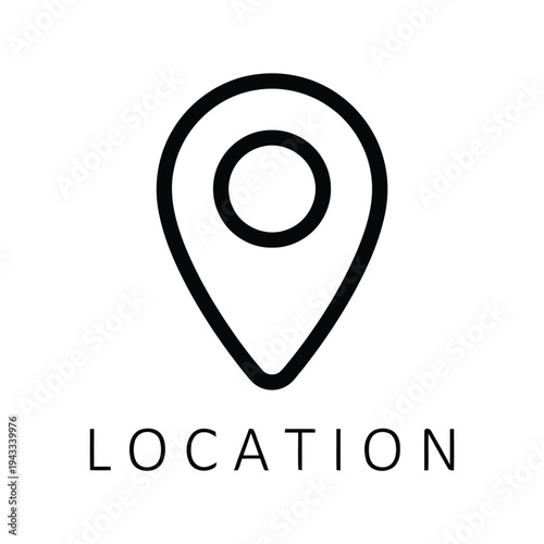 Location icon symbol representing a place on map for navigation and travel guidance, with text label for address and pinpoint marker.