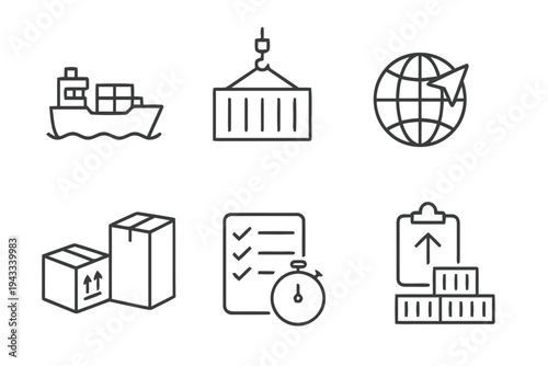 Logistics and shipping icons set featuring cargo ship container crane global distribution network packages delivery tracking stopwatch and clipboard for supply chain management business concepts