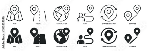 Location and navigation icons set vector simple outline and filled icons for map route geolocation path change location and distance symbols collection