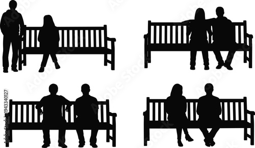 People sitting on park bench silhouettes set, man and woman conversation outdoor seating vector illustration social interaction scene