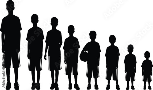 WeBoys silhouettes, height progression, growth stages, basketball player, casual sportswear, sneakers illustration, childhood development, age diversity, human growth artworkb