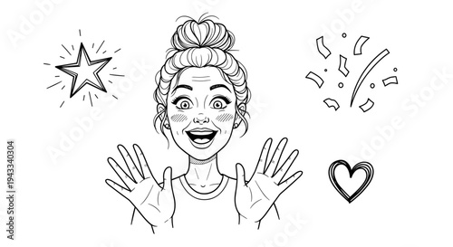A joyful woman with raised hands and an excited expression celebrates, surrounded by a sparkling star, falling confetti, and a heart icon.