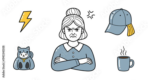 An angry woman with arms crossed shows frustration, accompanied by a lightning bolt, lucky cat, baseball cap, and a steaming coffee mug.