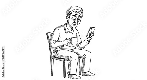 A tired man sits slumped on a chair, holding a steaming coffee mug and checking his smartphone, looking weary and exhausted.
