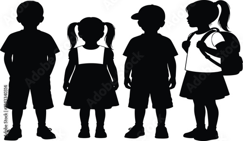Children silhouettes, diverse attire, casual clothing, dress with backpack, cap and shorts, playful standing poses, childhood diversity, school illustration artwork